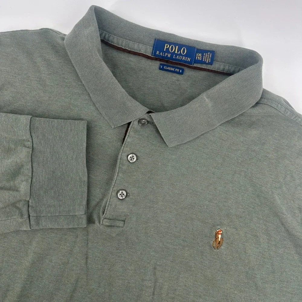 Polo Ralph Lauren Shirt Mens XXL 2XL Green Long Sleeve Ribbed Classic Fit‎ Polo